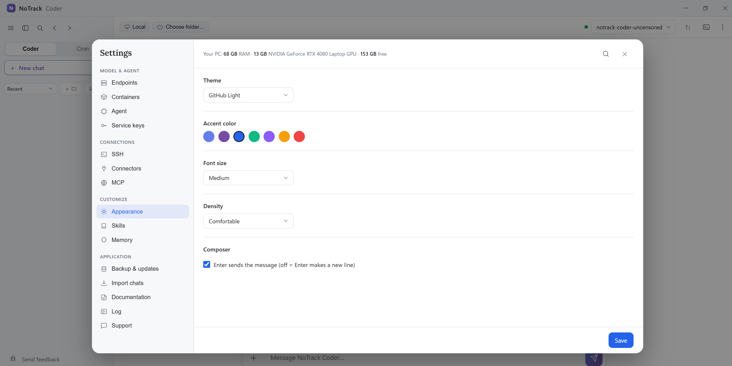 Full reference: theme, accent, and reading-density settings. Controls shown belong to the shared reference software, not a Moja feature specification.