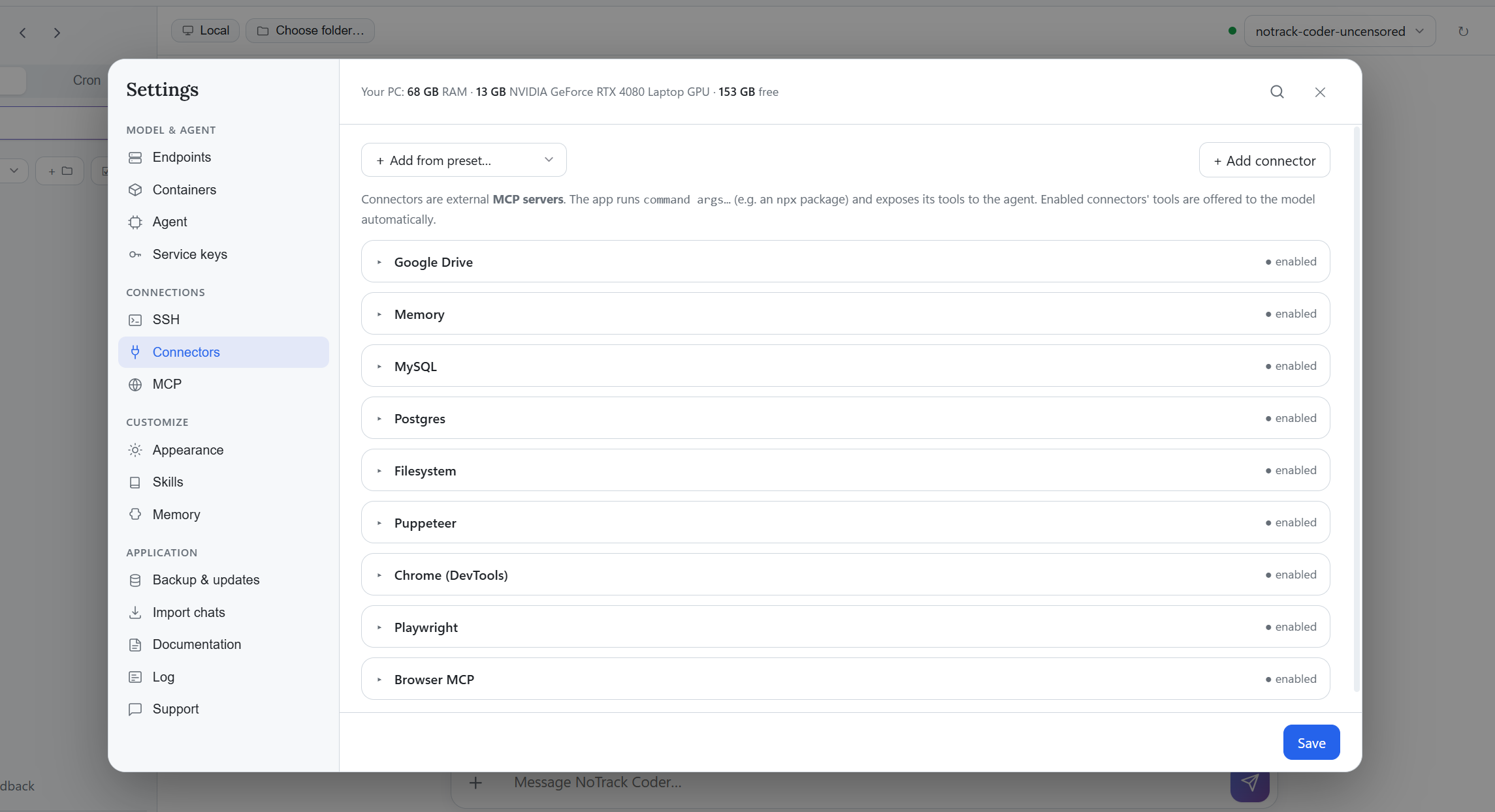 Reference connector settings, including external tools. Entries shown here do not establish Moja Code integrations or endpoint support.