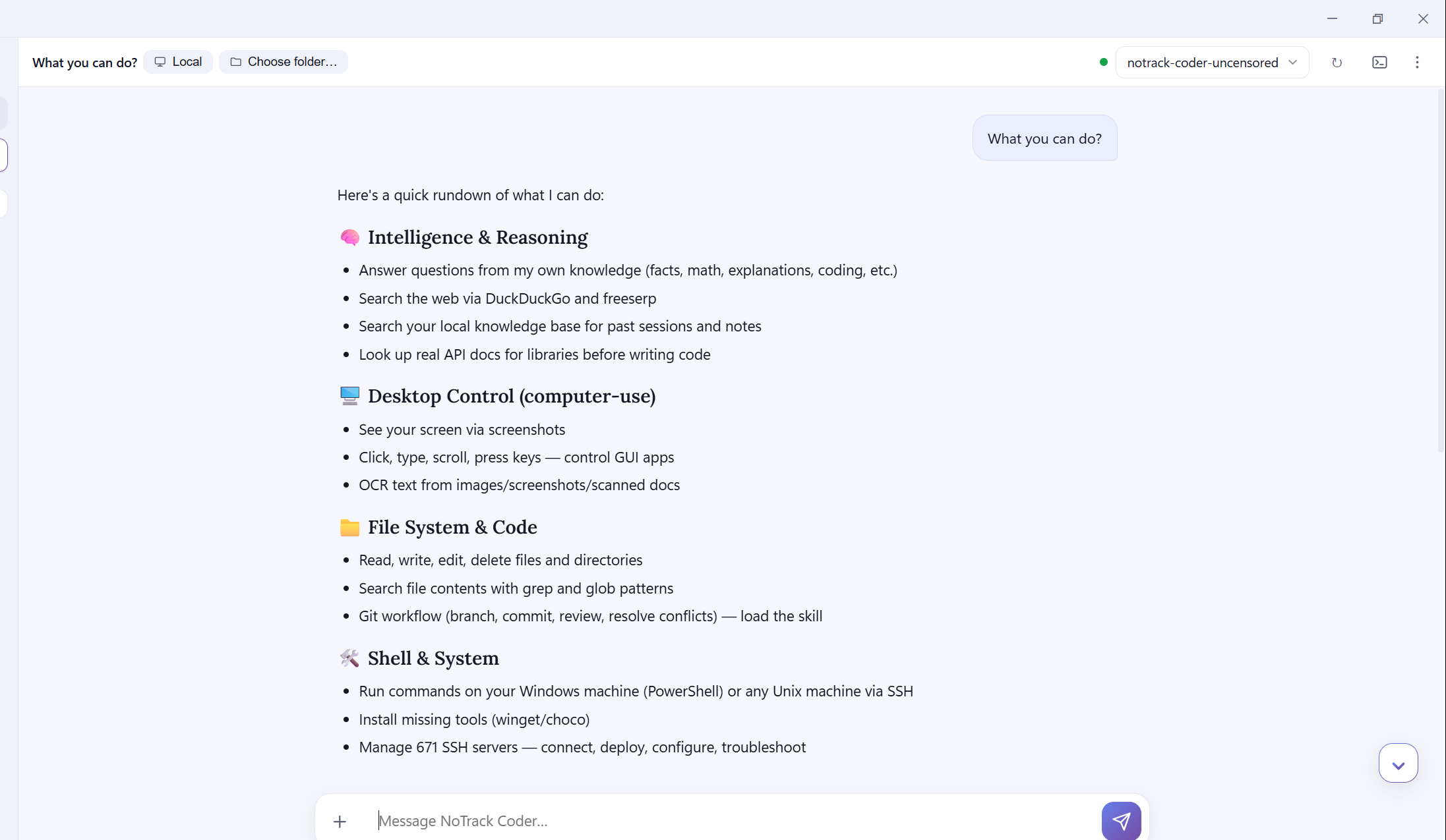 Shared NoTrack Coder workspace reference: a coding conversation and model selector. The final Moja interface may differ.